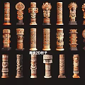 Artistic Carved Tribal Pillars with Various Intricate Patterns and Traditional Designs