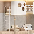 Cozy Bunk Bed In Kids Bedroom With Wooden Ladder Soft Pillows And Wall Round Cutouts