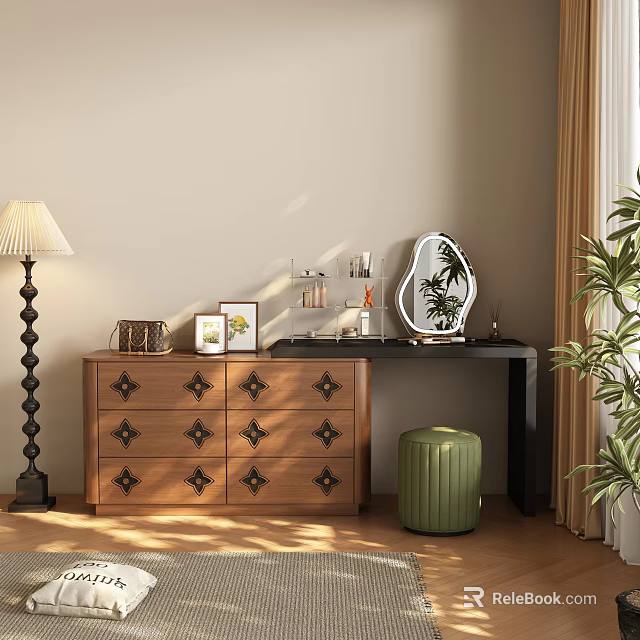 Wooden Dressing Table With Decorative Drawers Green Stool Mirror Decorations Table Lamp And Plant 3d model 