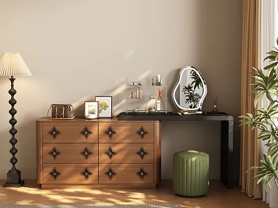 Wooden Dressing Table With Decorative Drawers Green Stool Mirror Decorations Table Lamp And Plant 3d model