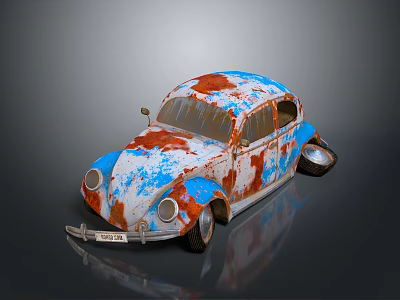 Vintage Volkswagen Beetle With Rusted Blue And Red Exterior On Gray Background 3d model