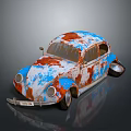 Vintage Volkswagen Beetle With Rusted Blue And Red Exterior On Gray Background
