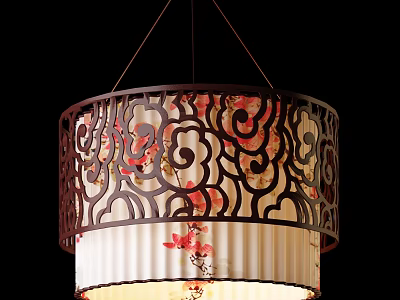 Chinese Style Chandelier With Carved Patterns Red Floral Decorations And White Lampshade 3d model