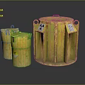 Yellow Rusty Radioactive Waste Barrels With Radiation Warning Signs For Storing Hazardous Materials
