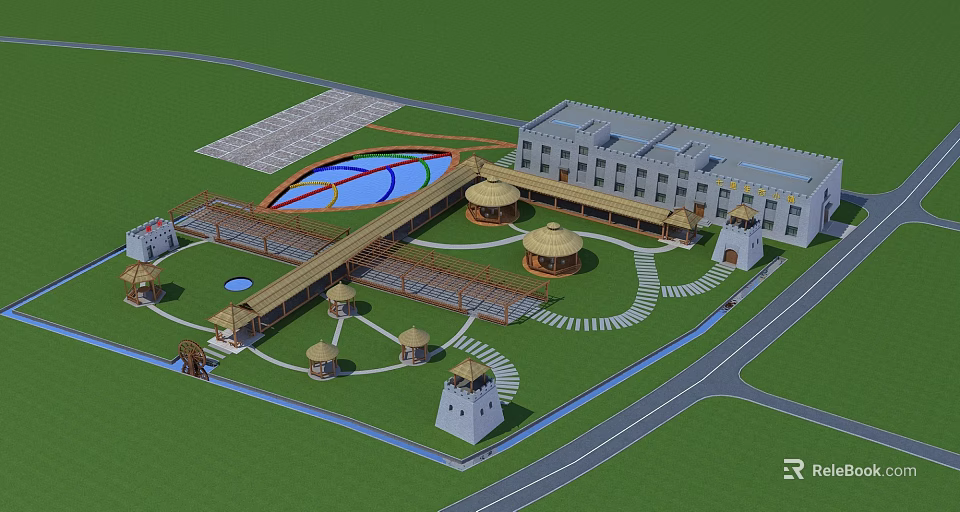 Boutique Homestay Building Complex with Circular Pavilions Lawn and Water Pathways 3d model 
