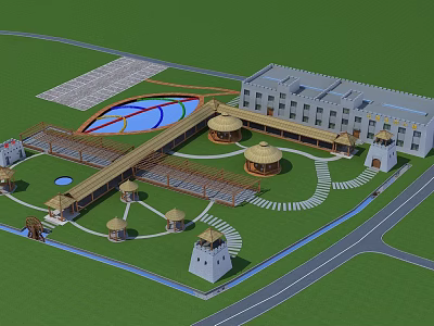 Boutique Homestay Building Complex with Circular Pavilions Lawn and Water Pathways 3d model
