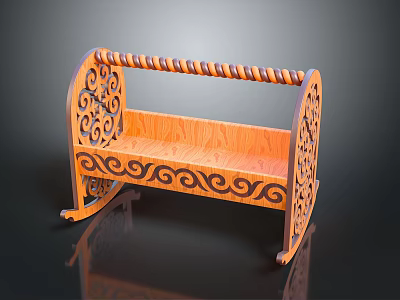 Wooden Rocking Baby Crib With Intricate Carved Patterns And Curved Frame 3d model