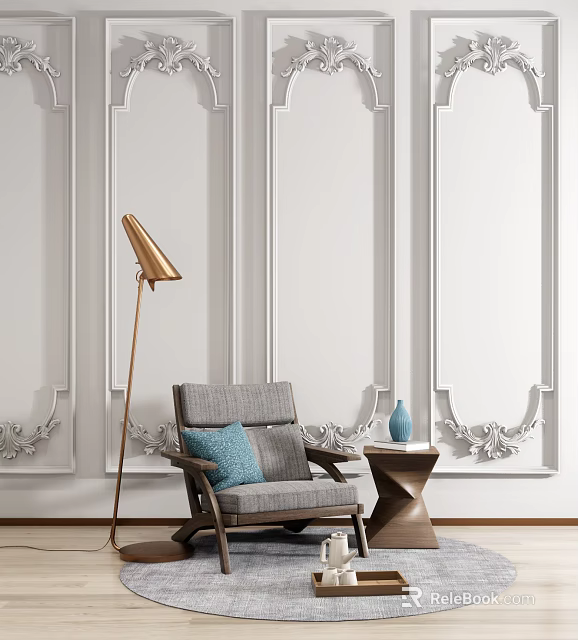 Gray Armchair With Blue Cushion Brass Floor Lamp Wooden Side Table Vase Decorative Wall Panels 3d model 