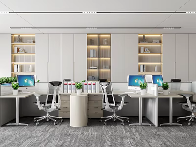 Modern Public Office Space With Workstations Ergonomic Chairs Green Plants Storage Cabinets And Bright Lighting 3d model