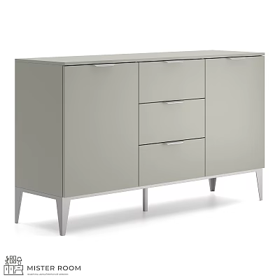 Modern Light Gray Storage Cabinet With Drawers Doors And Metal Legs 3d model