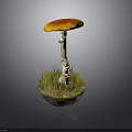 Vibrant Orange Cap Mushroom with White Stem and Green Grass on Base against Dark Background