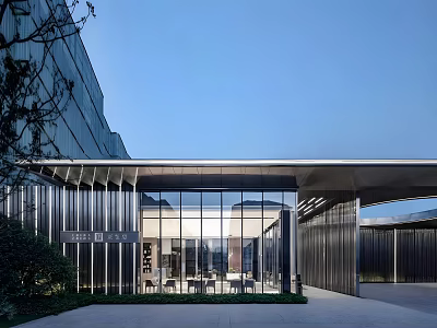 Modern Building Facade With Glass Curtain Wall Metal Frame And Entrance Lighting Design 3d model
