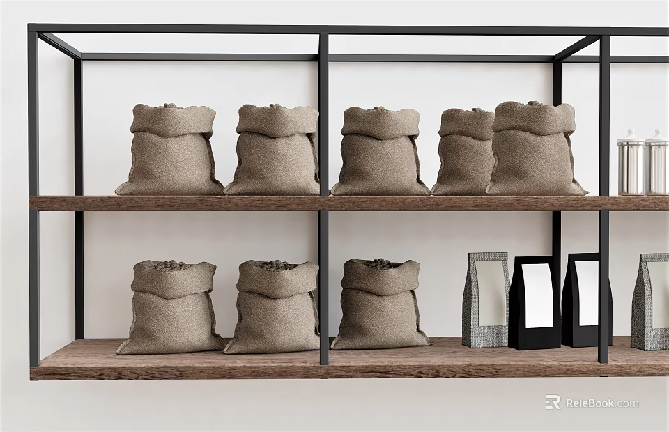 Wooden Storage Shelf With Burlap Bags And Small Boxes For Household Items 3d model 