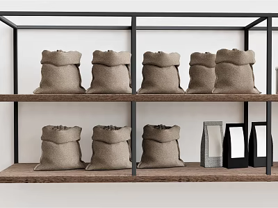 Wooden Storage Shelf With Burlap Bags And Small Boxes For Household Items 3d model