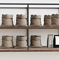 Wooden Storage Shelf With Burlap Bags And Small Boxes For Household Items