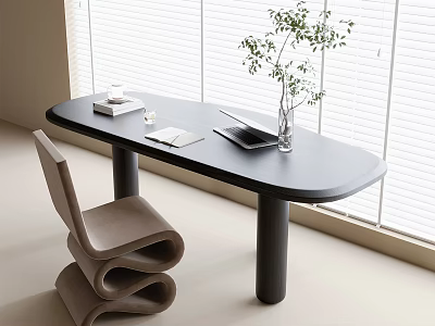 Modern Black Desk Interior with Sinuous Chair Laptop Books Plant Vase by Window White Blinds 3d model
