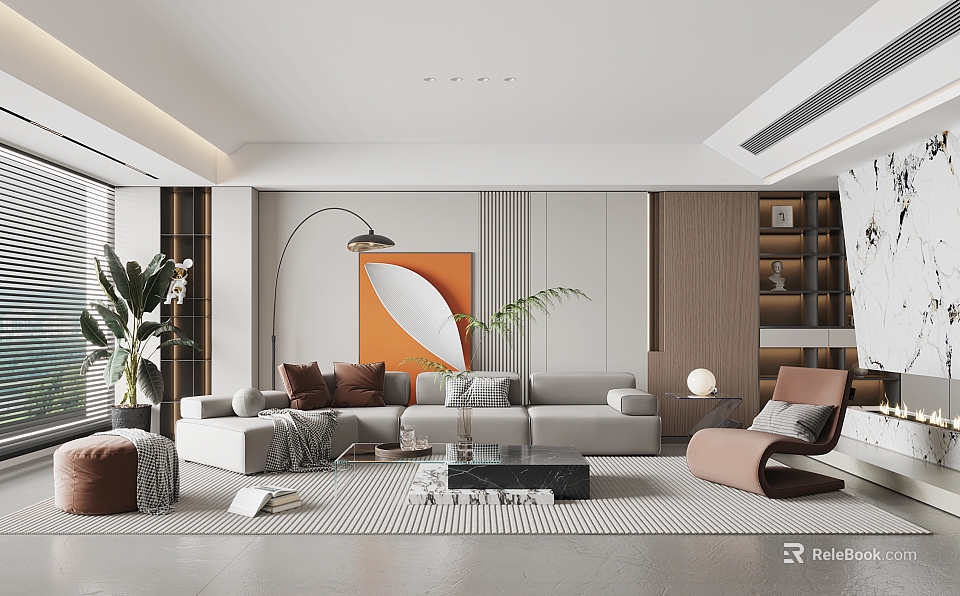 Modern Living Room Interior With Gray Sofa Brown Cushions Armchair Floor Lamp Abstract Painting Plants 3d model 