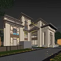 Modern Two Story Detached Villa With Large Windows Columns Front Porch And Greenery Surroundings