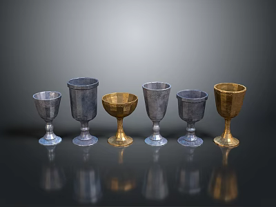 Metallic Goblets Collection Silver And Gold Wine Cups Arranged On Black Background With Reflections 3d model