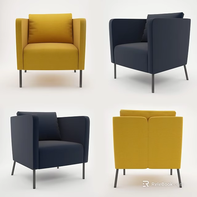 Modern Single Sofa in Yellow and Navy Blue with Black Legs from Different Angles 3d model