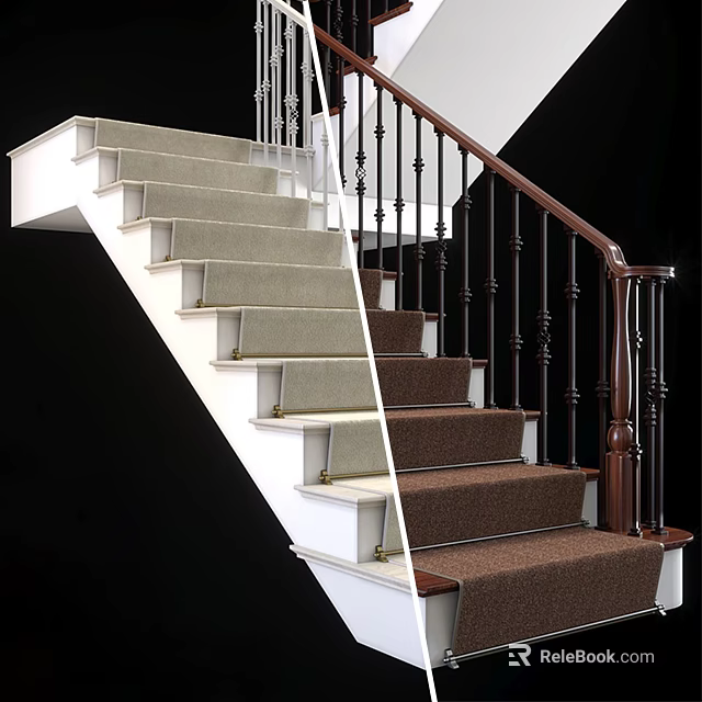 Elegant Spiral Staircase With White Risers Brown Carpeted Steps And Wooden Handrail 3d model 