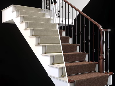 Elegant Spiral Staircase With White Risers Brown Carpeted Steps And Wooden Handrail 3d model