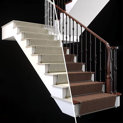 Elegant Spiral Staircase With White Risers Brown Carpeted Steps And Wooden Handrail 3d model