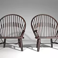 Light And Dark Wooden Armchairs With Vertical Slat Backs And Wooden Legs