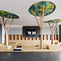 Children's Play Area With Tree Like Decorations Wooden Platforms Digital Clock And Open Space