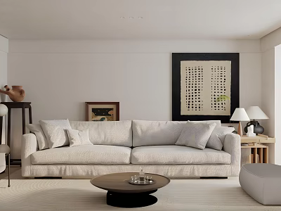 Minimalist Living Room Interior With Light Sofa Cushions Round Coffee Table And Decorative Artwork 3d model