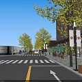 Scenic Tree Lined Commercial Street With Modern Buildings Shops Crosswalk Pedestrians And Cars