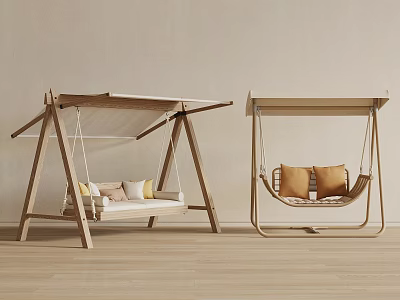 Stylish Wooden Hanging Swing Chairs With Beige And Orange Cushions In Minimalist Room 3d model