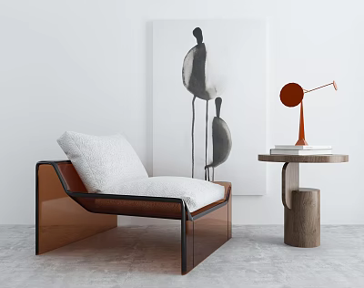 Modern Single Sofa in Minimalist Interior with Abstract Painting Round Side Table and Orange Lamp 3d model