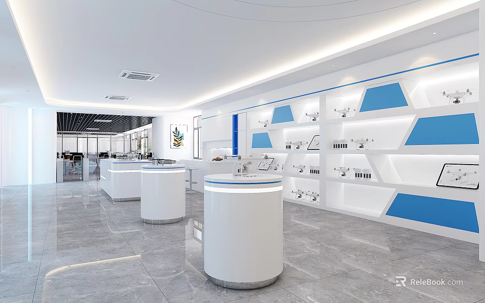 Modern Exhibition Hall Interior With White Round Counters Blue Accents And Gray Marble Flooring 3d model 