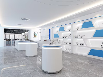 Modern Exhibition Hall Interior With White Round Counters Blue Accents And Gray Marble Flooring 3d model
