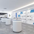 Modern Exhibition Hall Interior With White Round Counters Blue Accents And Gray Marble Flooring