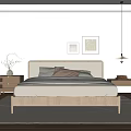 Minimalist Bedroom Interior With Wooden Bed Nightstand Hanging Lamp And Framed