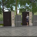 Outdoor Display of Modern Refrigerators and Freezers With Wooden Doors Greenery and Woman Standing Nearby
