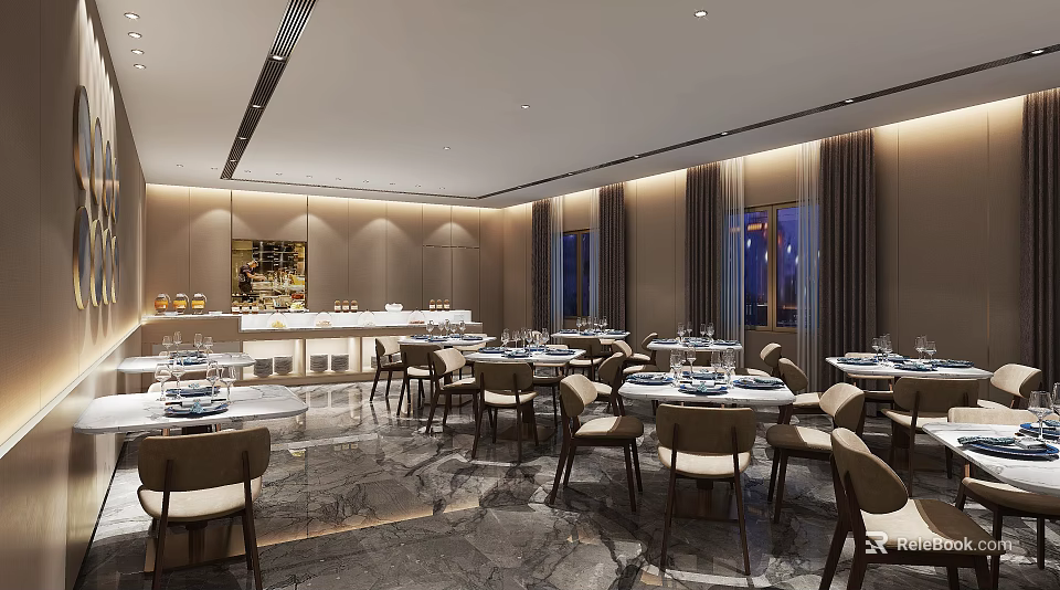 Elegant Modern Restaurant Interior With Round Tables Dining Chairs And Marble Floor 3d model 