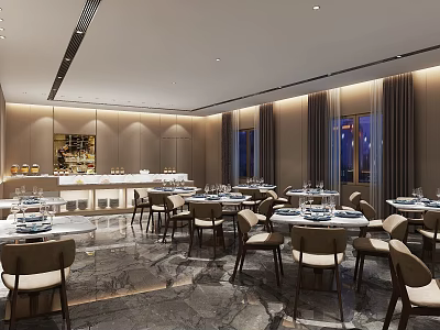 Elegant Modern Restaurant Interior With Round Tables Dining Chairs And Marble Floor 3d model