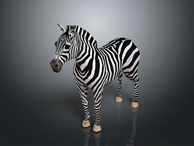 Realistic 3D Zebra Character With Black And White Stripes Standing On Dark Background 3d model