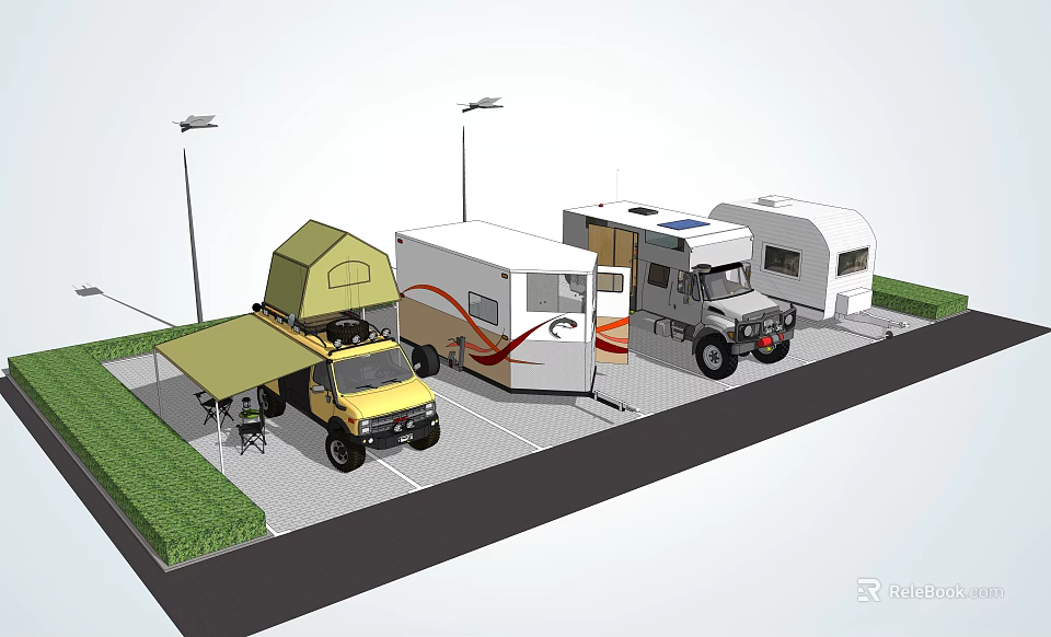 Campsite With Truck Tent Multiple RVs And Streetlights In Grassy Parking Area 3d model 