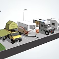 Campsite With Truck Tent Multiple RVs And Streetlights In Grassy Parking Area