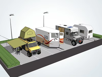 Campsite With Truck Tent Multiple RVs And Streetlights In Grassy Parking Area 3d model