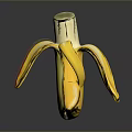 Peeled Banana with Yellow Skin Red Edges and Wooden Stem on Dark Shiny Surface
