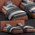 Modern Single Bed Design With Tufted Orange Headboard And Gray Striped Bedding 3d model
