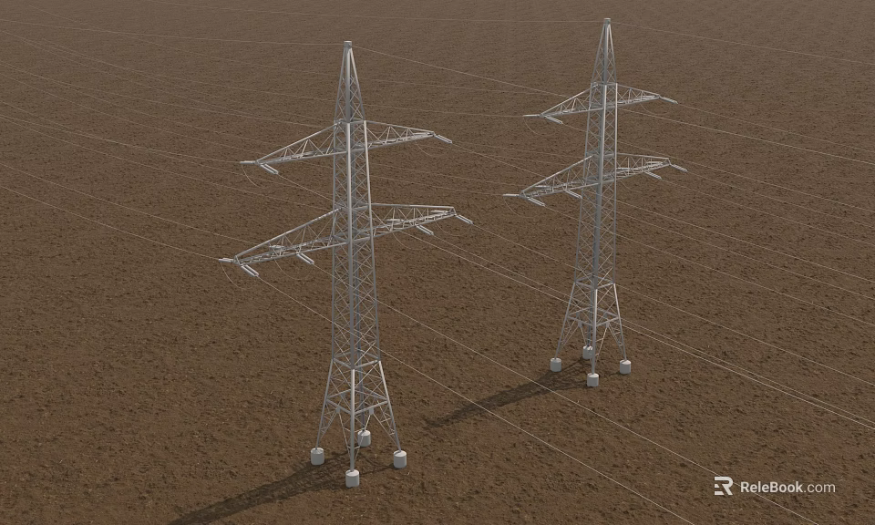 Tall Metal Transmission Towers Standing In Open Rural Field With Power Lines 3d model 