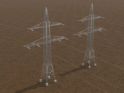 Tall Metal Transmission Towers Standing In Open Rural Field With Power Lines 3d model