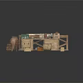 Vintage Scenery with Wooden Workbench Clay Pots and Old Tools
