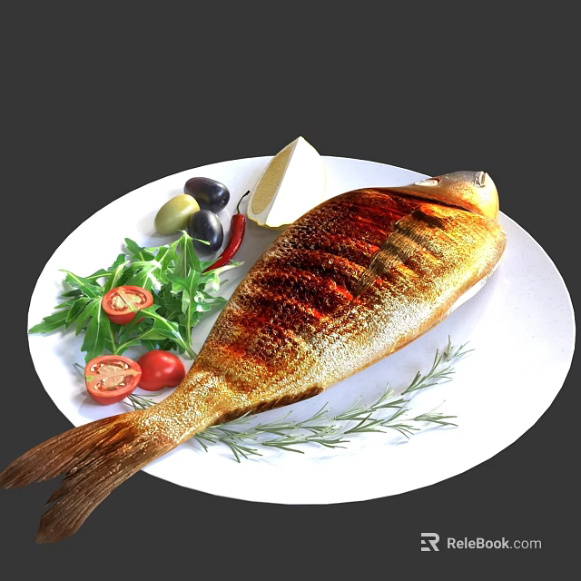 Grilled Whole Fish on White Plate with Fresh Tomatoes Olives Rosemary Lettuce and Lemon 3d model 